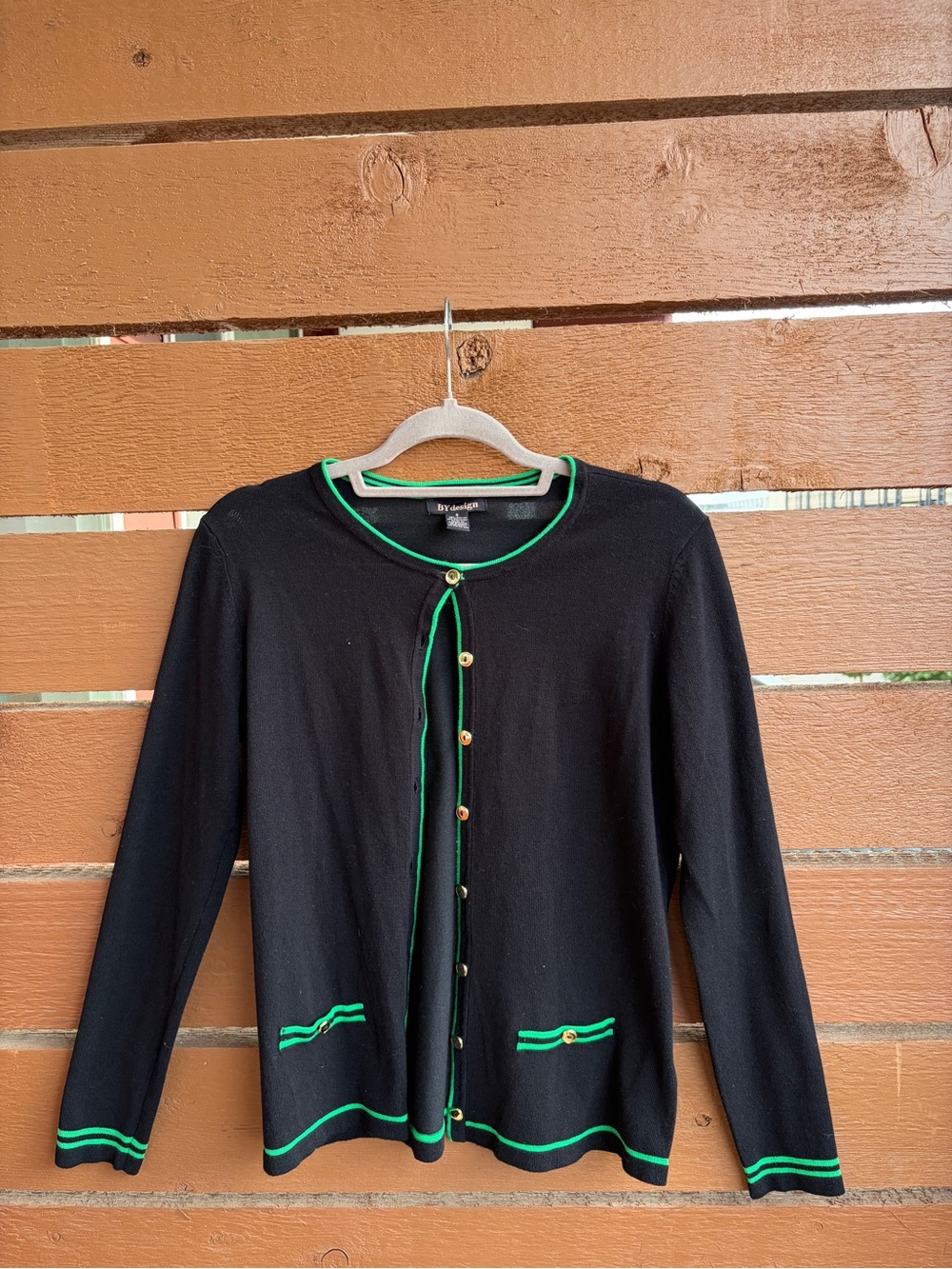 Black Knit Cardigan with Green Trim